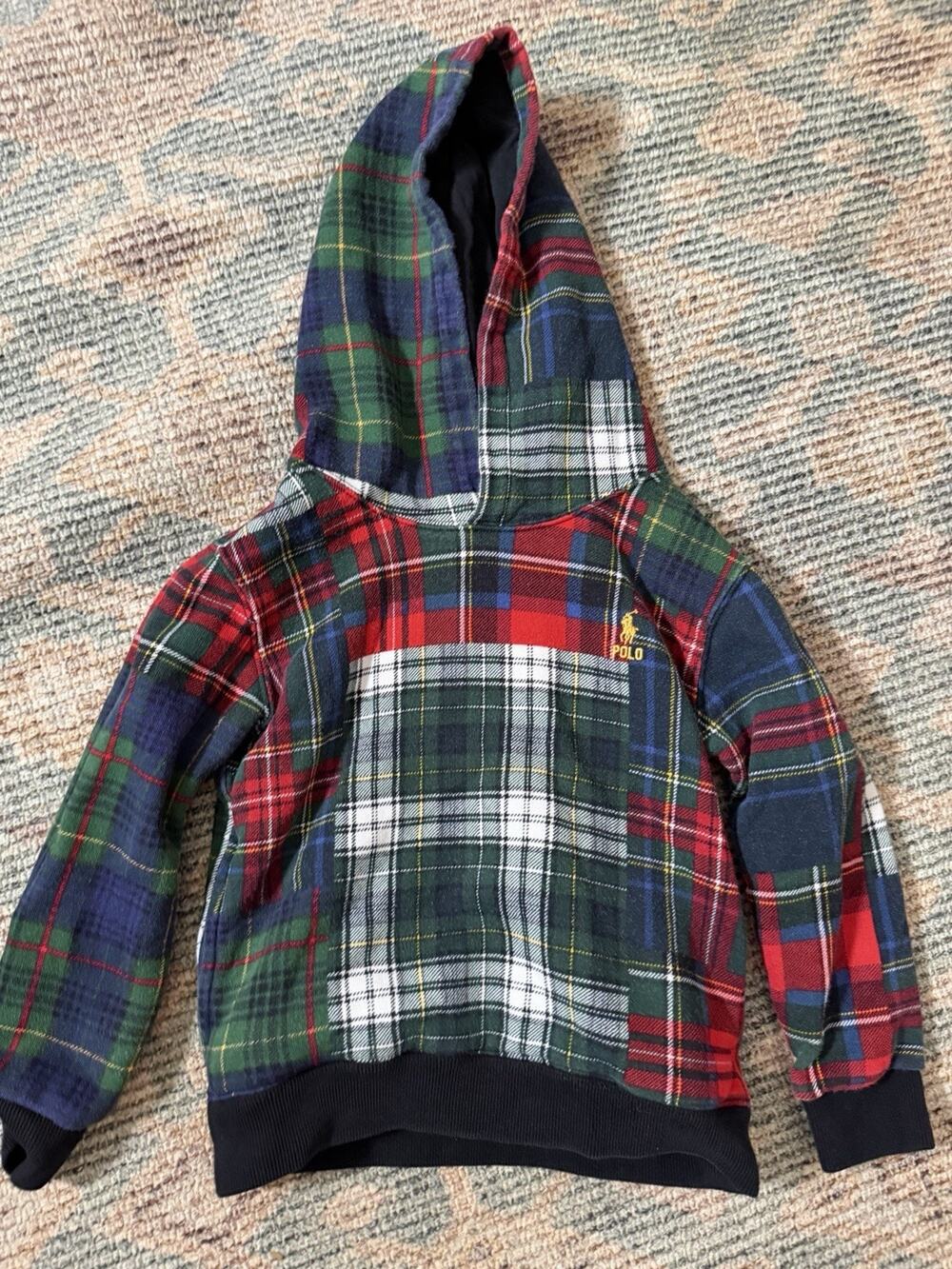 Polo Ralph Lauren Boys Size 6 Patchwork Plaid Hoodie Pullover Sweatshirt Cotton